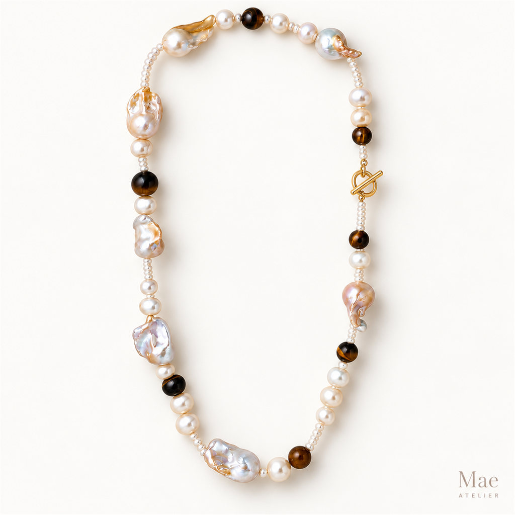 Large Baroque Pearl & Tiger's Eye Necklace, Adjustable Length Layering Necklace, OT Toggle Clasp, Autumn Statement Jewelry, Made in USA — full product view
