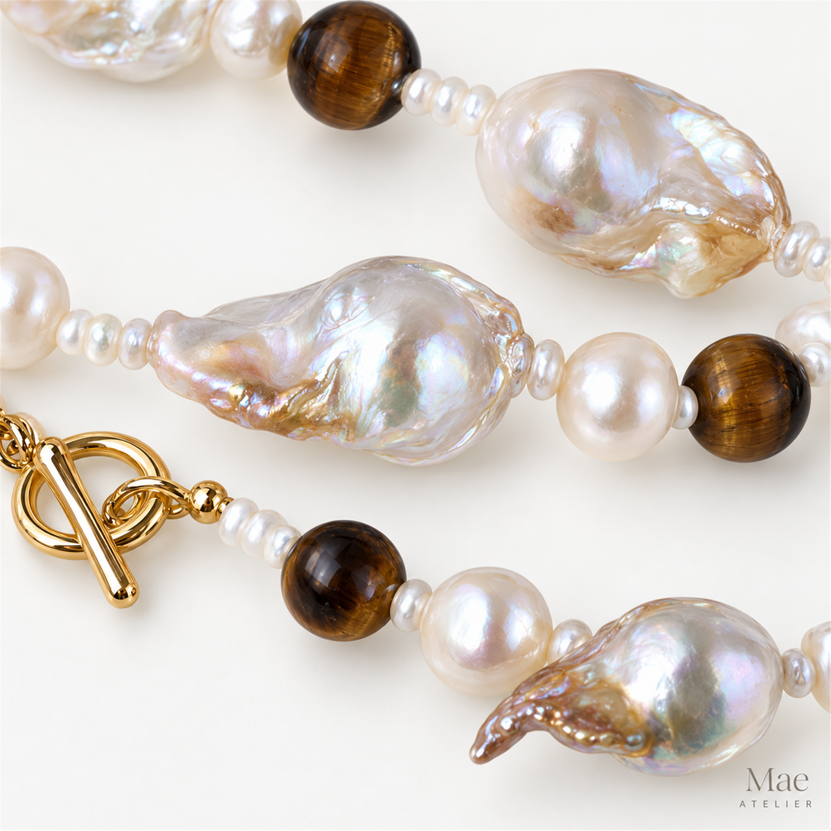 Large Baroque Pearl & Tiger's Eye Necklace, Adjustable Length Layering Necklace, OT Toggle Clasp, Autumn Statement Jewelry, Made in USA — pearl detail