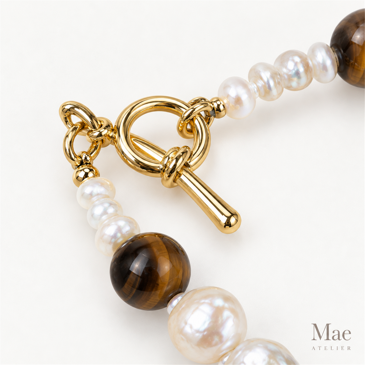 Large Baroque Pearl & Tiger's Eye Necklace, Adjustable Length Layering Necklace, OT Toggle Clasp, Autumn Statement Jewelry, Made in USA — hardware detail
