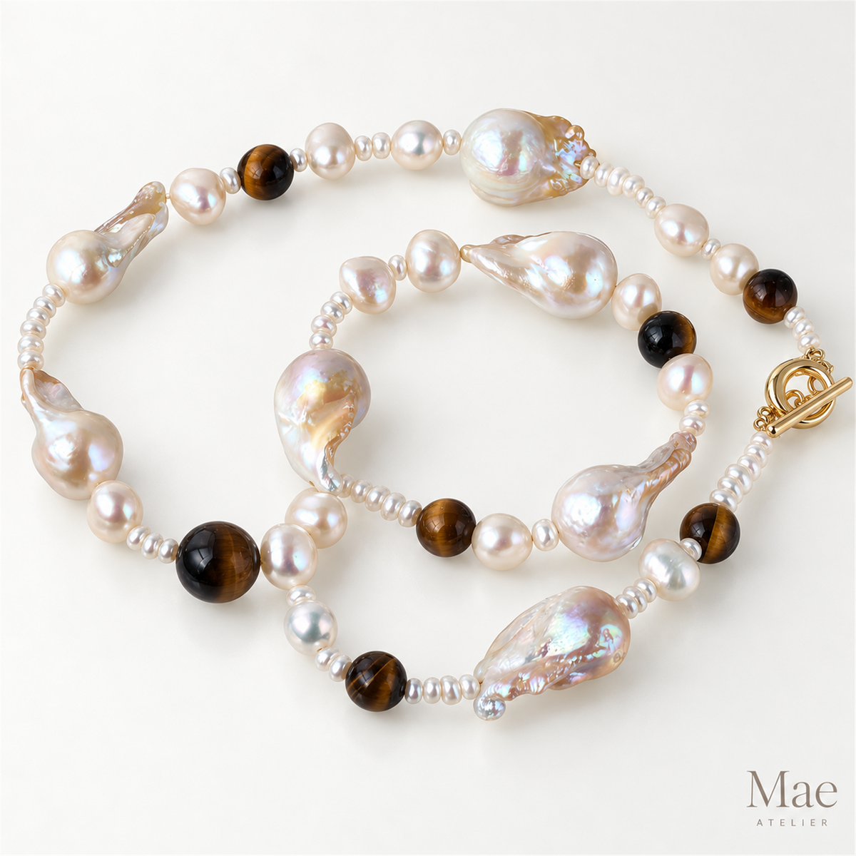 Large Baroque Pearl & Tiger's Eye Necklace, Adjustable Length Layering Necklace, OT Toggle Clasp, Autumn Statement Jewelry, Made in USA — alternate angle