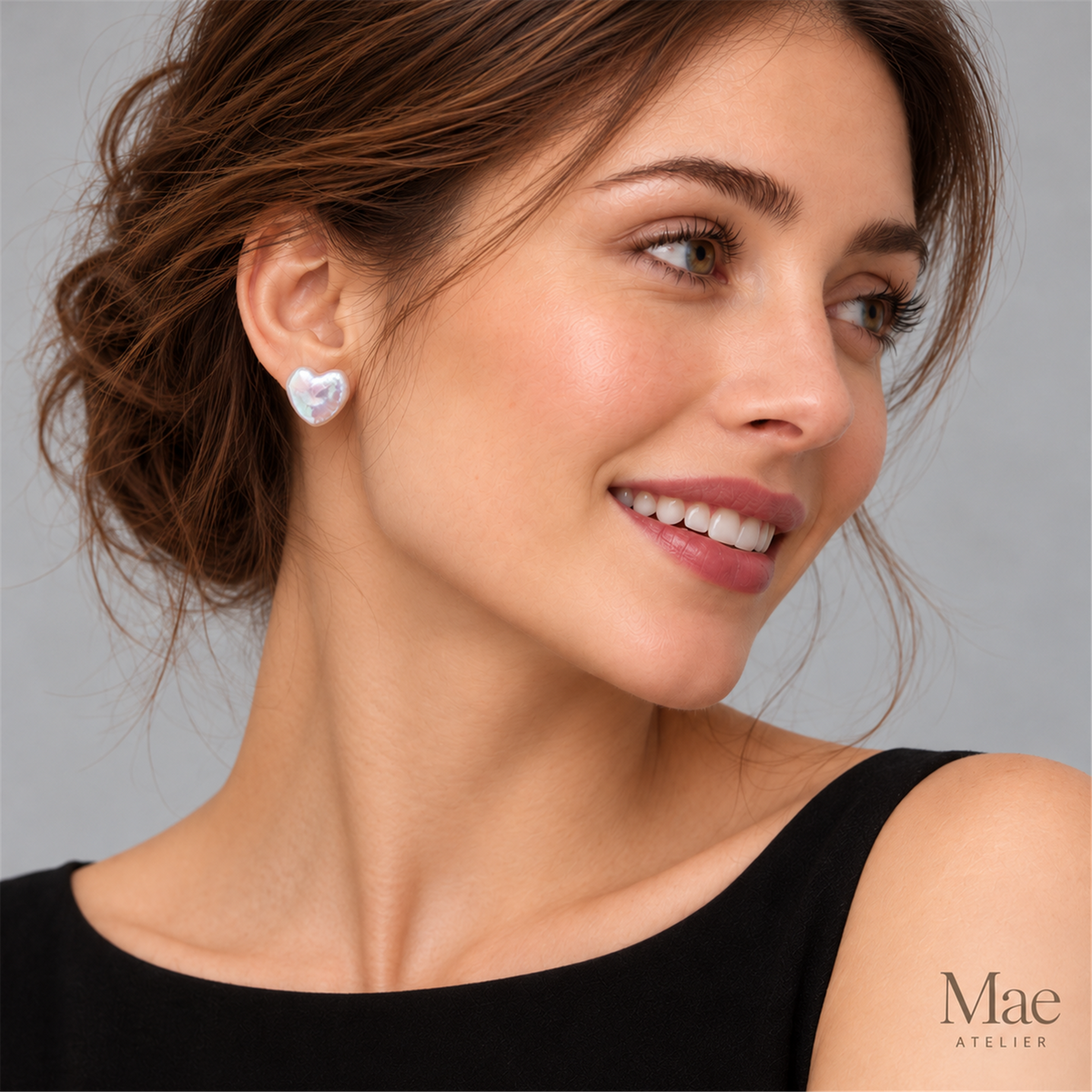 Heart Pearl Stud Earrings – Freshwater Baroque Pearl Studs, Handmade in Sterling Silver — model wearing the jewelry