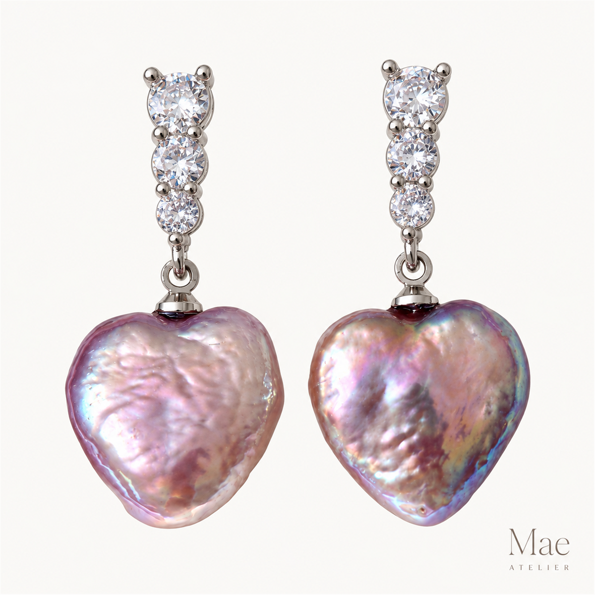 Purple Heart Pearl Drop Earrings – Freshwater Baroque Pearl Earrings with Cubic Zirconia, White Gold Plated — hero view