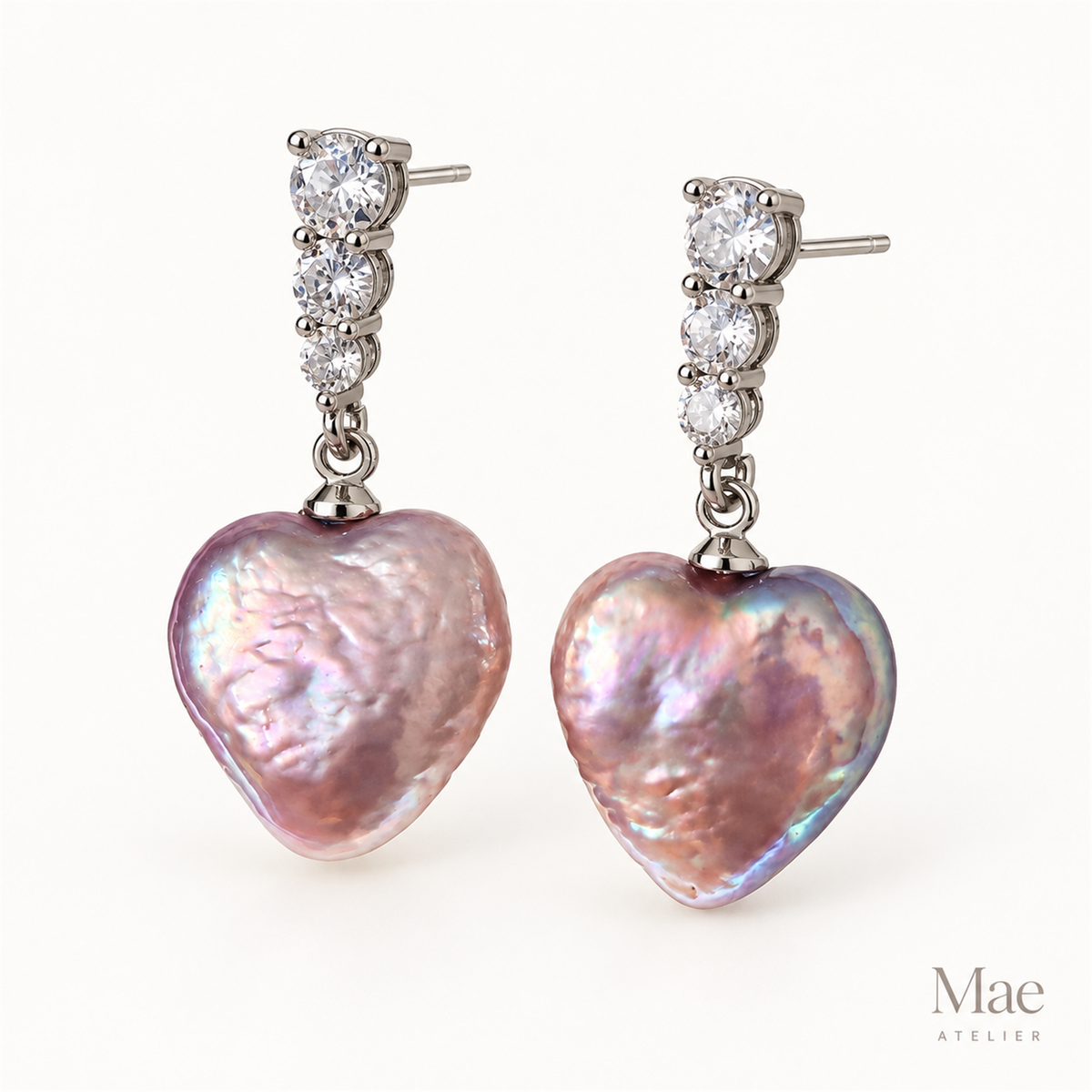 Purple Heart Pearl Drop Earrings – Freshwater Baroque Pearl Earrings with Cubic Zirconia, White Gold Plated — full product view