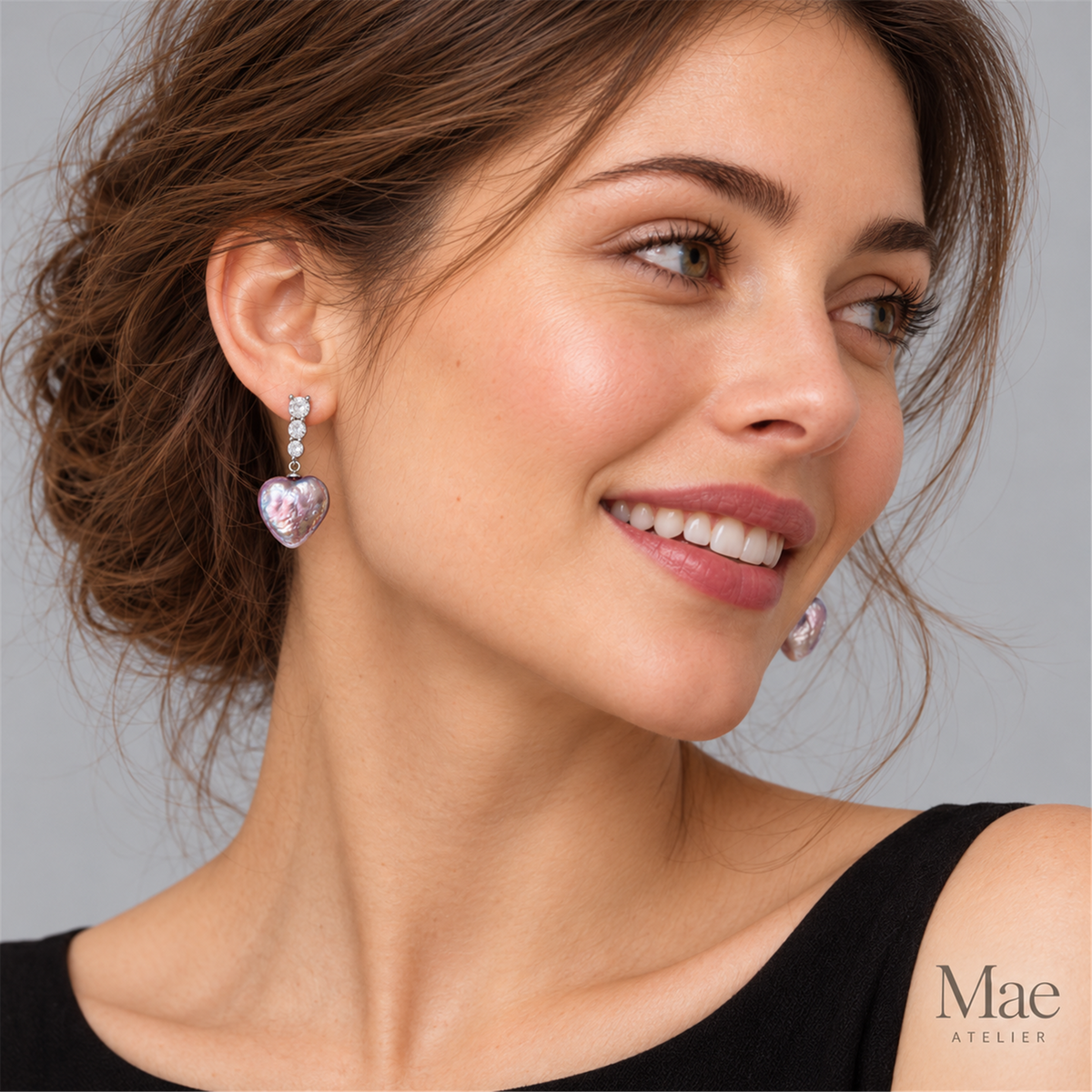 Purple Heart Pearl Drop Earrings – Freshwater Baroque Pearl Earrings with Cubic Zirconia, White Gold Plated — model wearing the jewelry