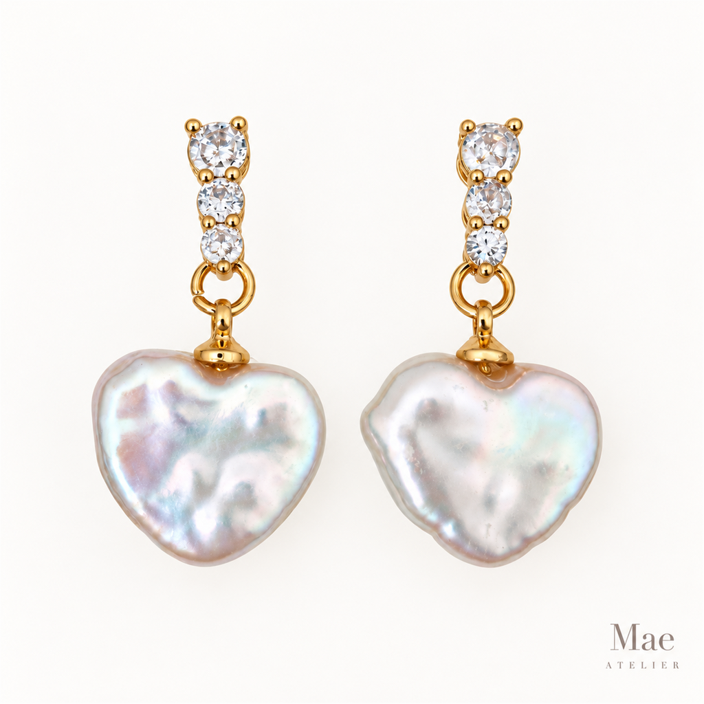 Baroque Pearl Heart Drop Earrings, White Freshwater Pearl Dangles with CZ, S925 Silver Posts Gold Plated, Matching Necklace Set — hero view