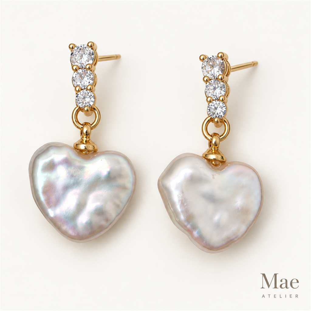 Baroque Pearl Heart Drop Earrings, White Freshwater Pearl Dangles with CZ, S925 Silver Posts Gold Plated, Matching Necklace Set — full product view