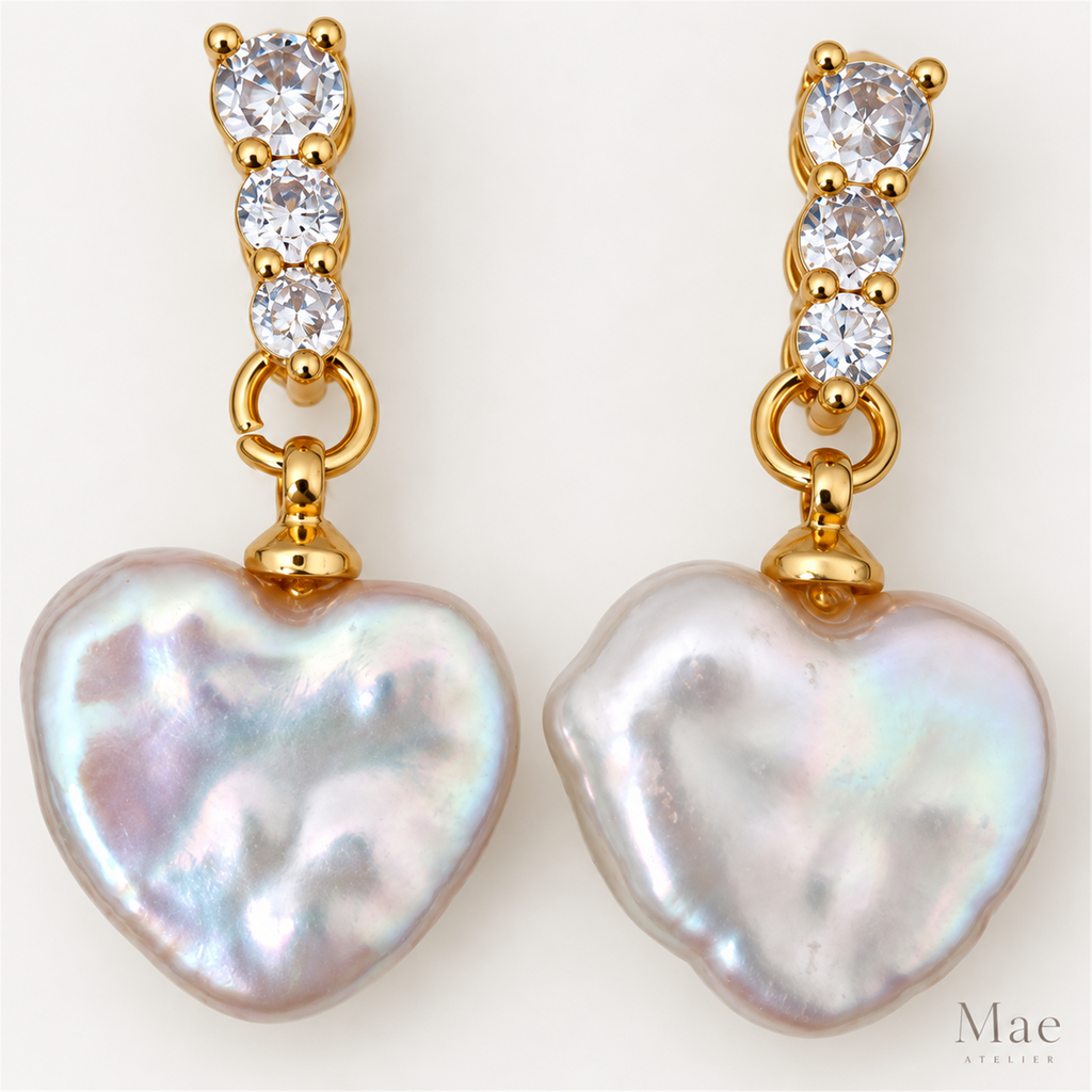 Baroque Pearl Heart Drop Earrings, White Freshwater Pearl Dangles with CZ, S925 Silver Posts Gold Plated, Matching Necklace Set — pearl detail