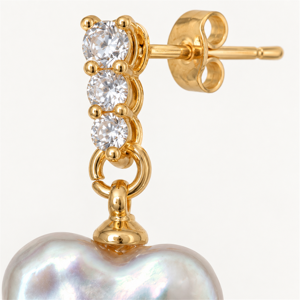 Baroque Pearl Heart Drop Earrings, White Freshwater Pearl Dangles with CZ, S925 Silver Posts Gold Plated, Matching Necklace Set — hardware detail