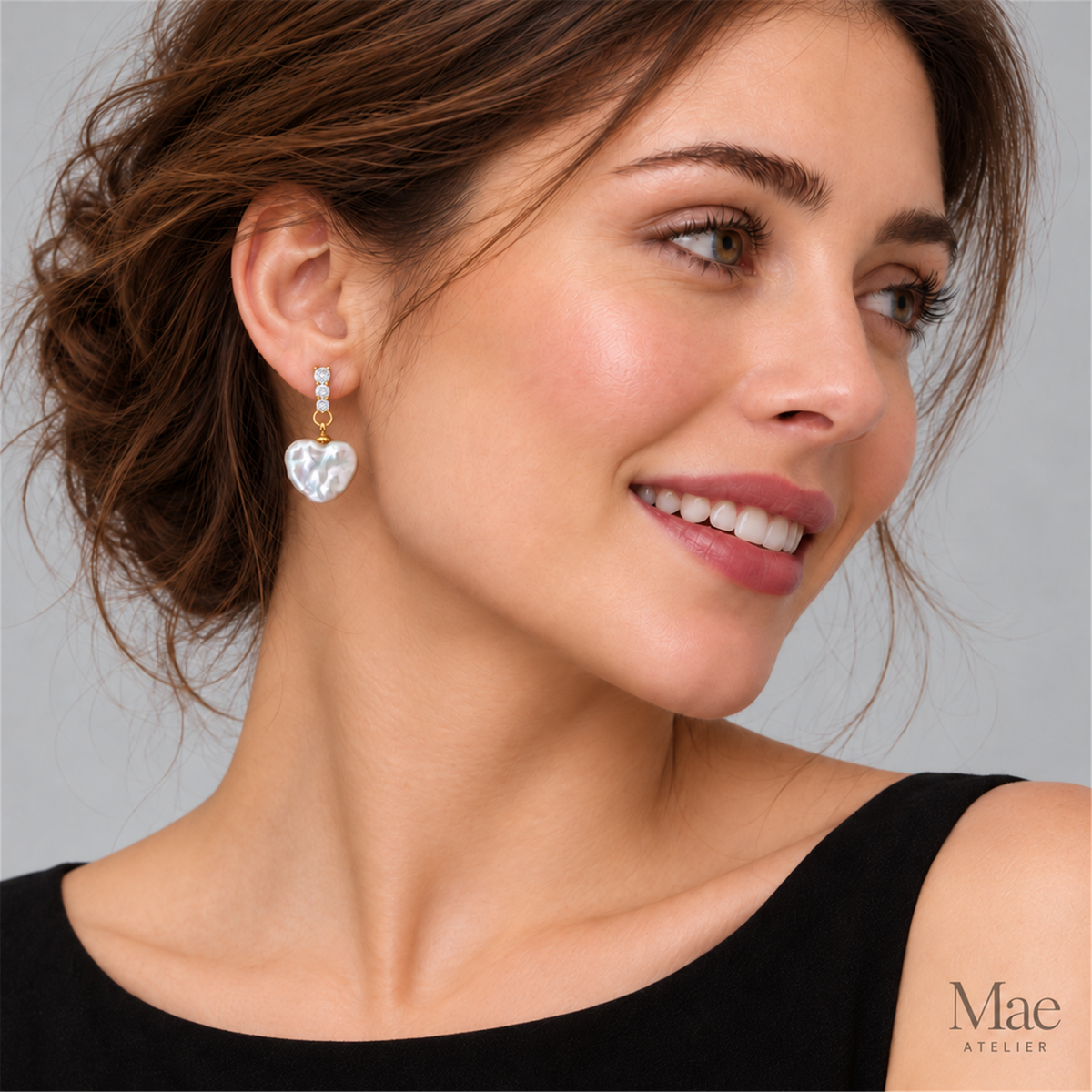 Baroque Pearl Heart Drop Earrings, White Freshwater Pearl Dangles with CZ, S925 Silver Posts Gold Plated, Matching Necklace Set — model wearing the jewelry