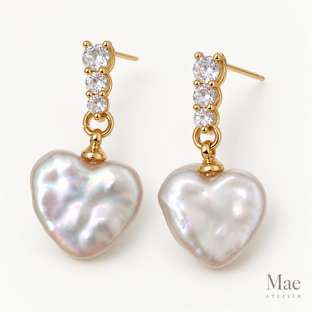 Baroque Pearl Heart Drop Earrings, White Freshwater Pearl Dangles with CZ, S925 Silver Posts Gold Plated, Matching Necklace Set — alternate angle