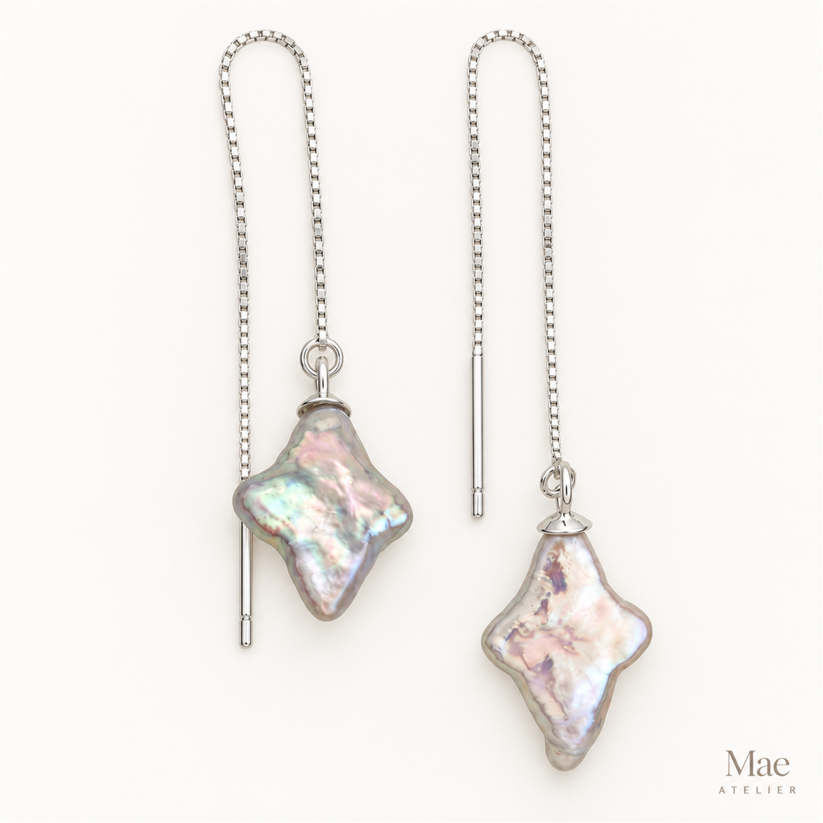 Four Pointed Star Baroque Pearl Threader Earrings, S925 Sterling Silver Adjustable Ear Threads, Natural Mint Metallic Pearl Drop — hero view