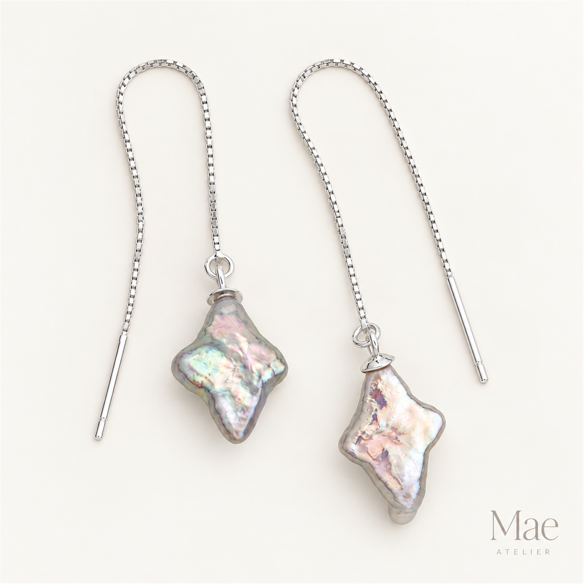 Four Pointed Star Baroque Pearl Threader Earrings, S925 Sterling Silver Adjustable Ear Threads, Natural Mint Metallic Pearl Drop — full product view