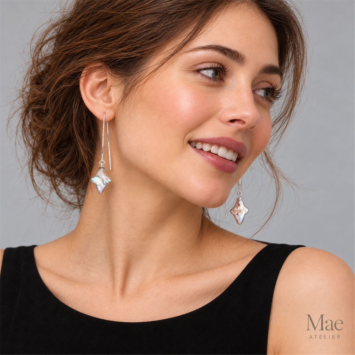 Four Pointed Star Baroque Pearl Threader Earrings, S925 Sterling Silver Adjustable Ear Threads, Natural Mint Metallic Pearl Drop — model wearing the jewelry
