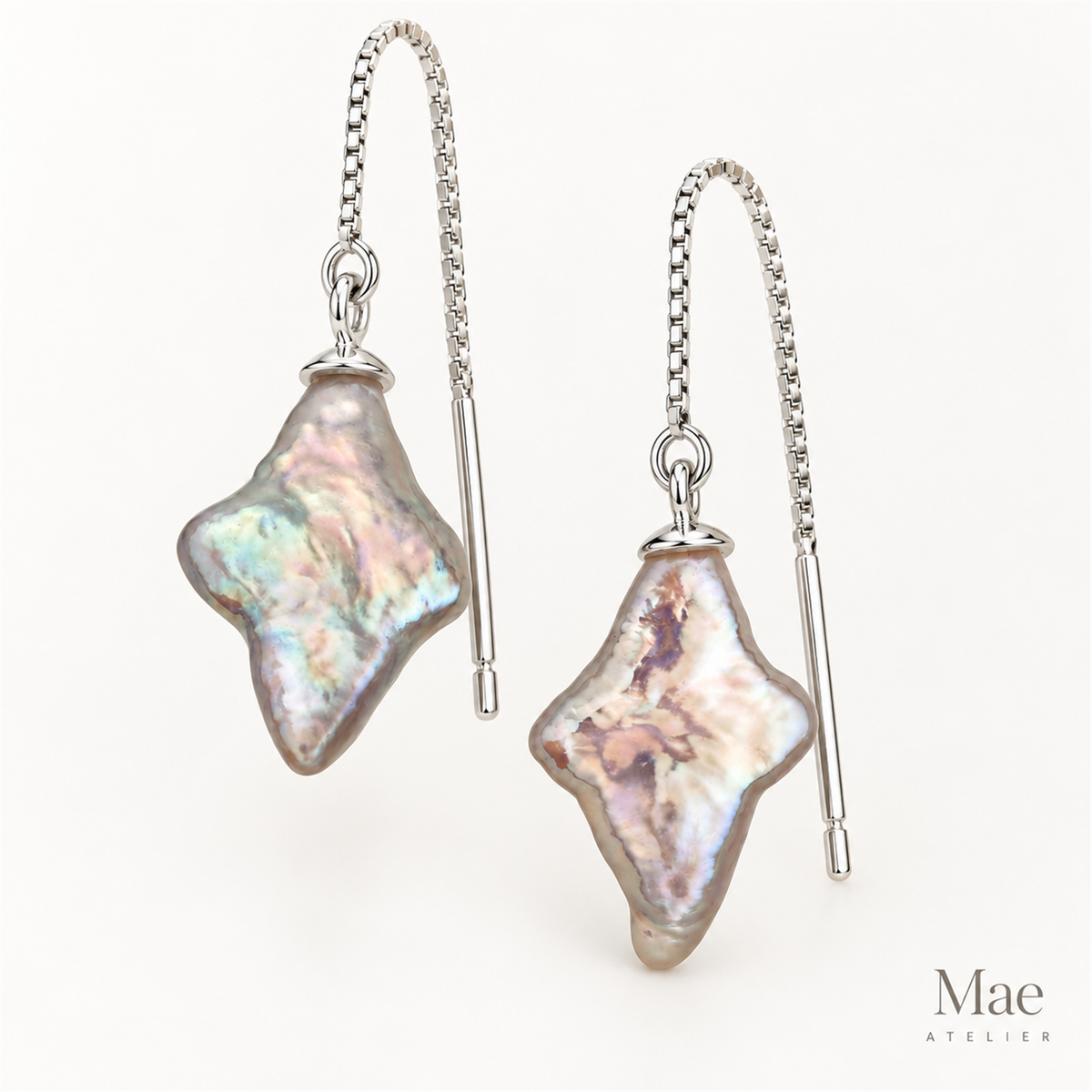 Four Pointed Star Baroque Pearl Threader Earrings, S925 Sterling Silver Adjustable Ear Threads, Natural Mint Metallic Pearl Drop — alternate angle