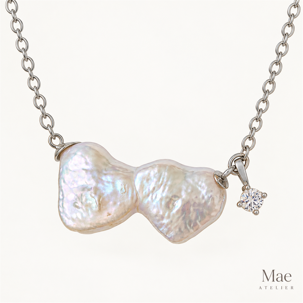 Double Heart Baroque Pearl Necklace, Genuine Freshwater Pearl Heart Pendant, 18K Gold or Silver Chain, Dainty Gift for Her — hero view