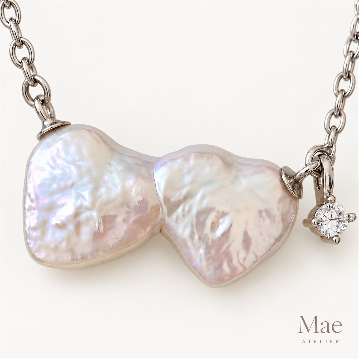 Double Heart Baroque Pearl Necklace, Genuine Freshwater Pearl Heart Pendant, 18K Gold or Silver Chain, Dainty Gift for Her — pearl detail