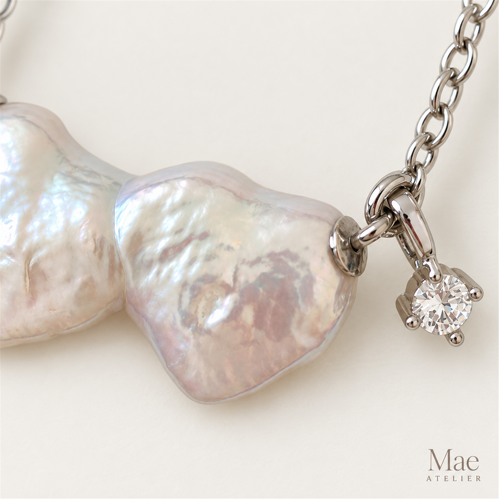 Double Heart Baroque Pearl Necklace, Genuine Freshwater Pearl Heart Pendant, 18K Gold or Silver Chain, Dainty Gift for Her — hardware detail