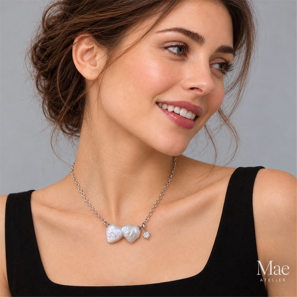 Double Heart Baroque Pearl Necklace, Genuine Freshwater Pearl Heart Pendant, 18K Gold or Silver Chain, Dainty Gift for Her — model wearing the jewelry