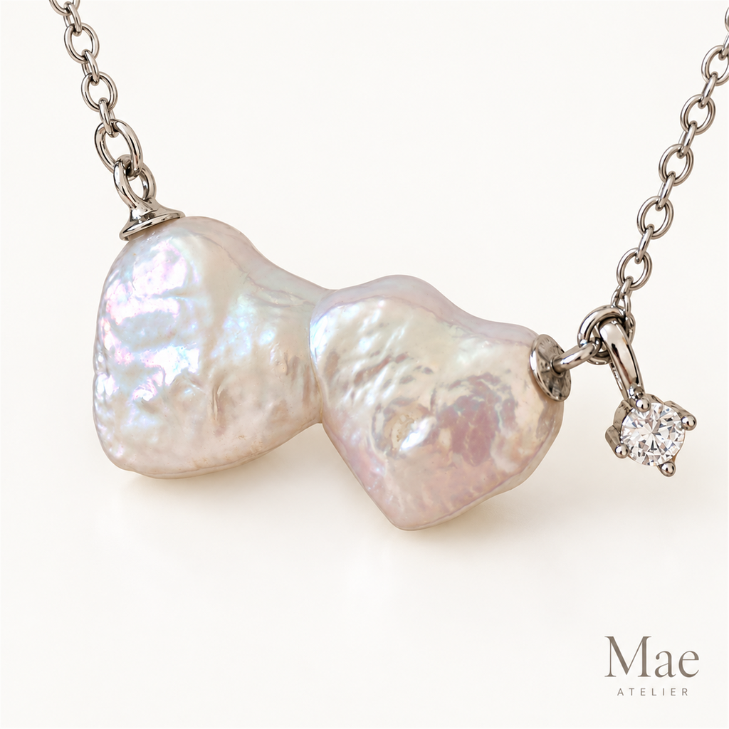 Double Heart Baroque Pearl Necklace, Genuine Freshwater Pearl Heart Pendant, 18K Gold or Silver Chain, Dainty Gift for Her — alternate angle