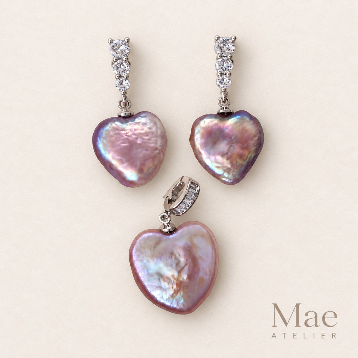 Purple heart pearl drop earrings with matching heart pearl pendant gift set